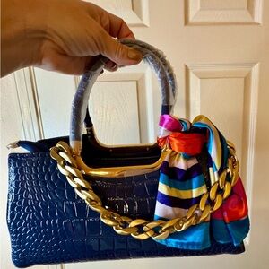 BRAND NEW 1 Of A Kind Navy Blue Croc-Embossed Handbag with Gold Chain